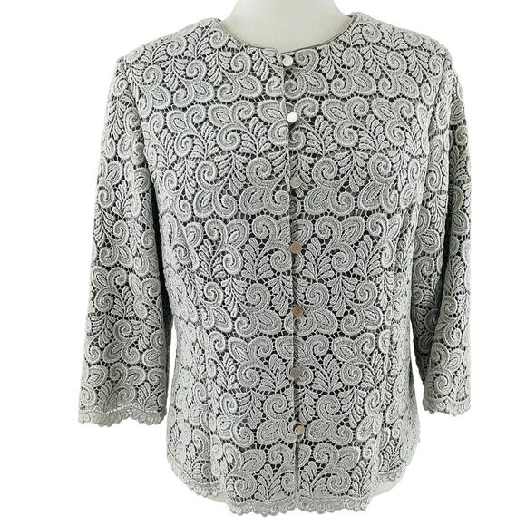 Talbots Metallic Silver Gray Floral Lace Button Dressy Formal Jacket Blazer 10 - Picture 1 of 14